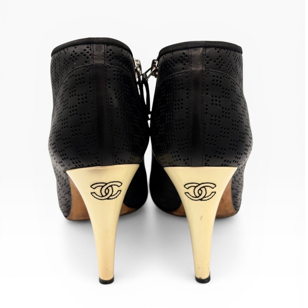 Chanel CC Heel Peep Toe Booties COA 37.5 Black Gold Perforated Leather 4" BOX - Picture 8 of 12